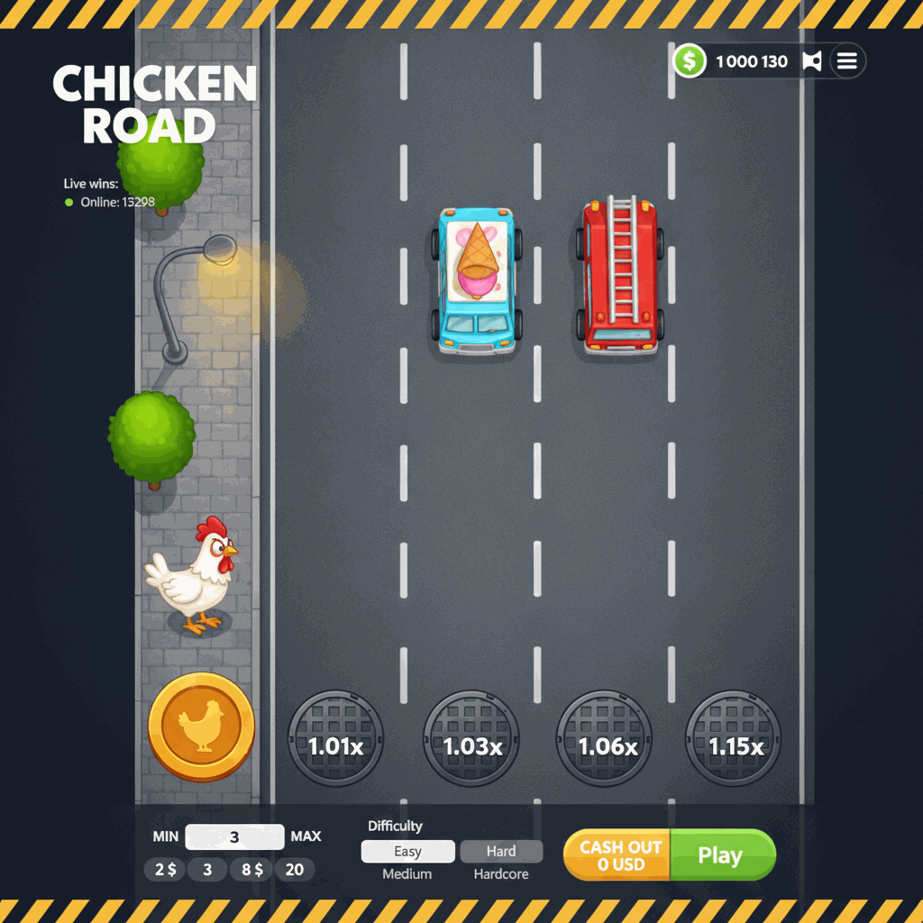 Schermata del gioco Chicken Road di InOut con gallina bianca che attraversa una strada a più corsie vista dall'alto, marcatori di moltiplicatore su tombini circolari, semaforo urbano e alberi sul marciapiede, interfaccia crash game con pannello di controllo puntata e prelievo
